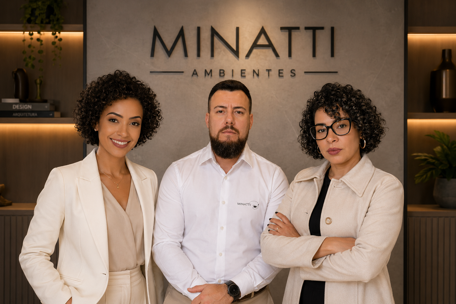 Três pessoas de aparência profissional posando em ambiente de escritório, com o logotipo 'Minatti Ambientes' ao fundo.