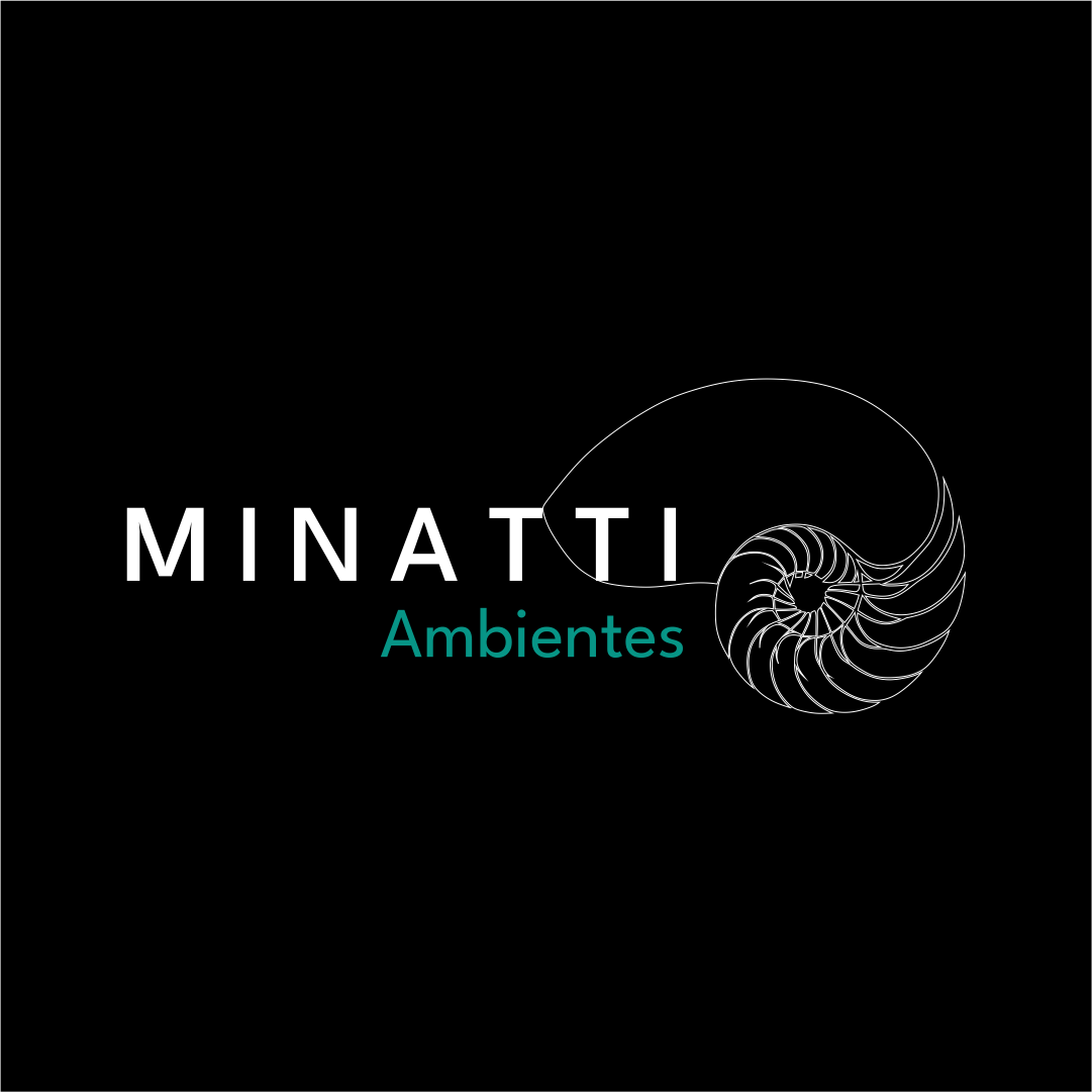 Logotipo com o nome "MINATTI" em letras brancas e a palavra "Ambientes" em azul, ao lado de uma ilustração de uma concha spiral.