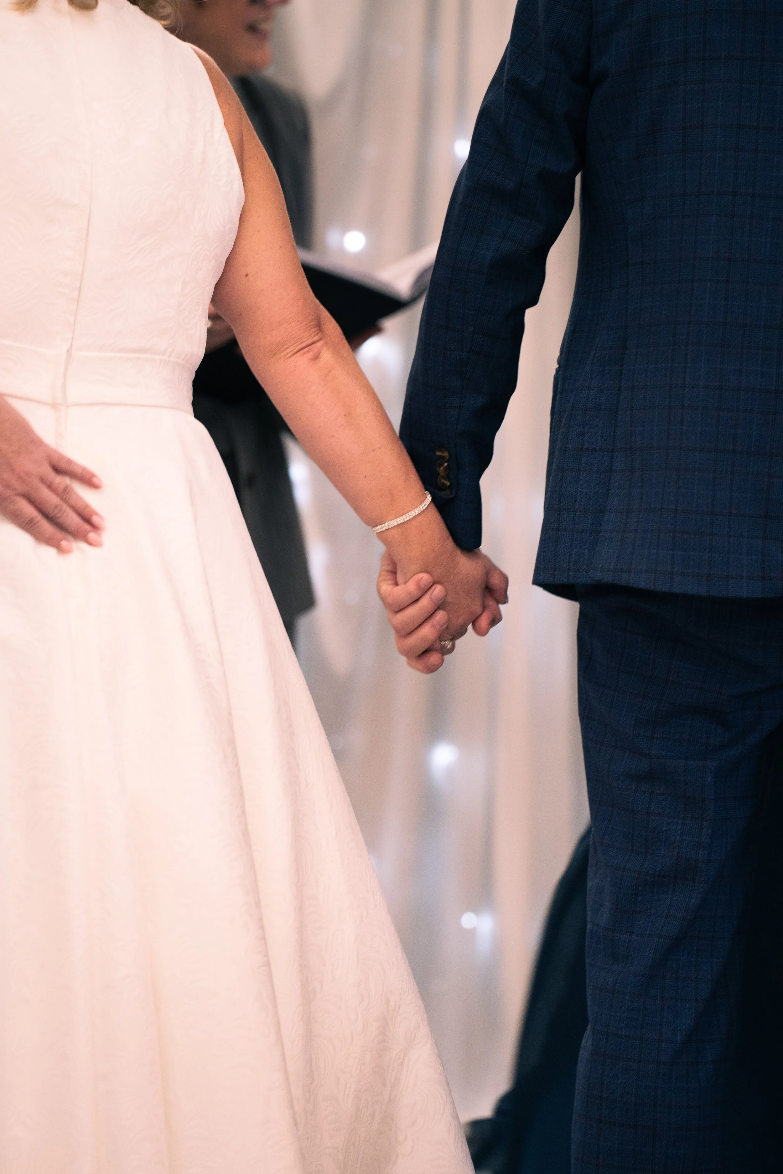 A couple holding hands during their wedding ceremony, with the bride wearing a light pink dress and the groom in a dark blue checkered suit.