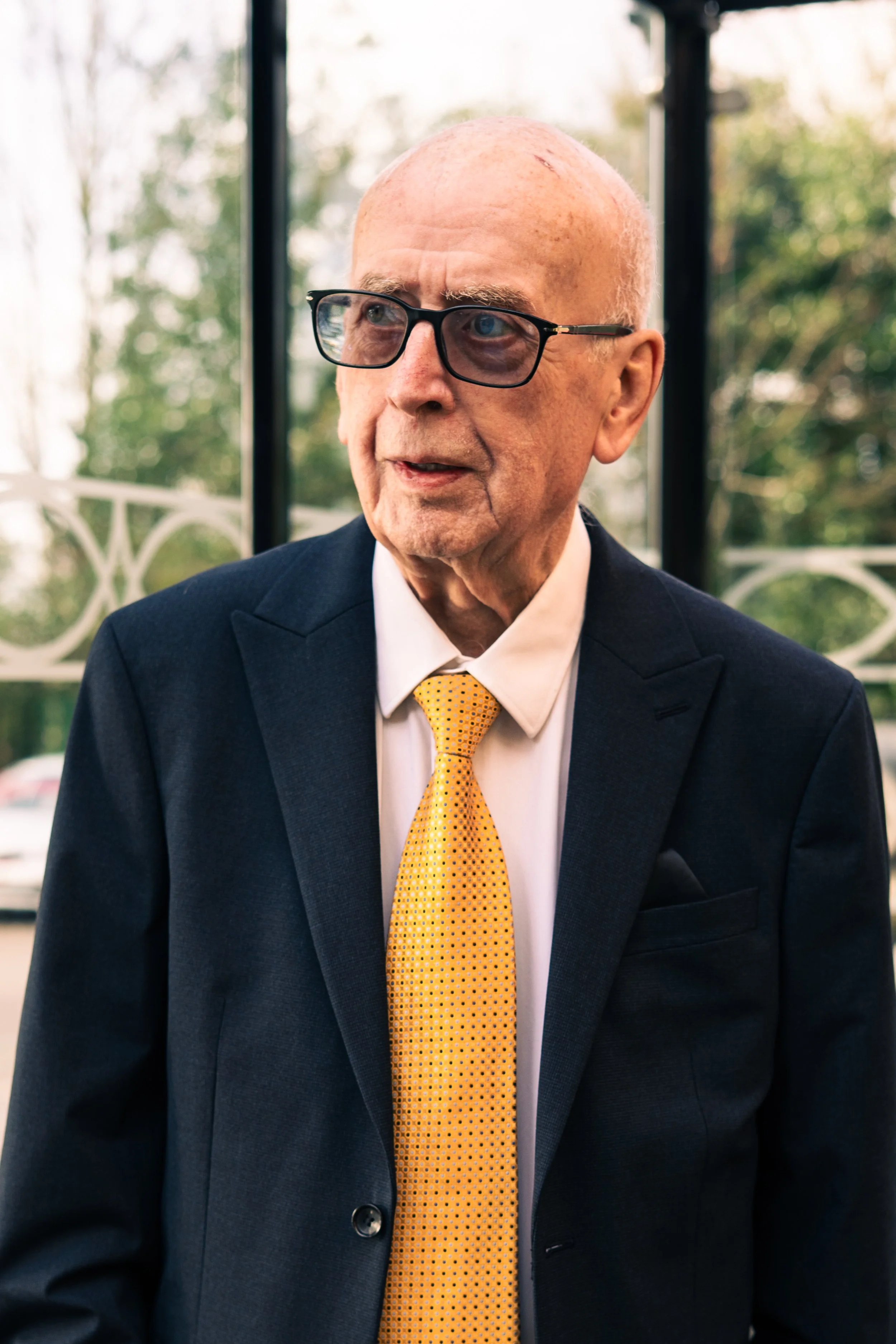 A senior man wearing glasses, a dark suit, a white shirt, and a yellow tie, standing indoors with a window and greenery in the background.