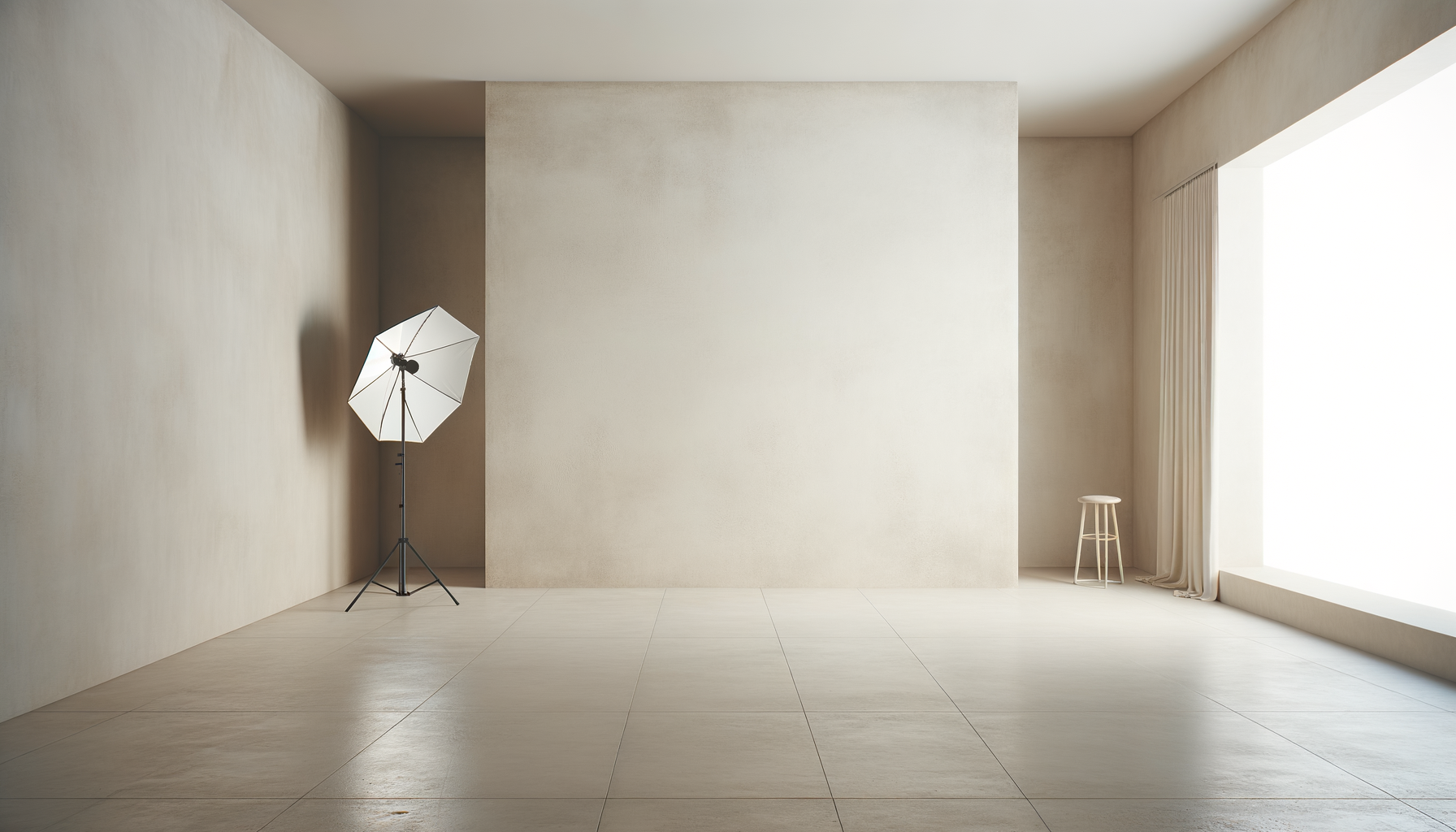 Empty room with beige walls and floor, white curtains, a small stool, and a photography lighting umbrella.