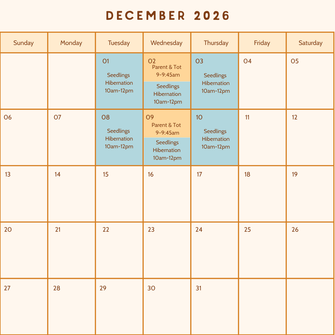 December 2026 calendar with events highlighted, including seedling hibernation sessions on the 1st, 3rd, 8th, and 10th, and parent and tot sessions on the 2nd and 9th.