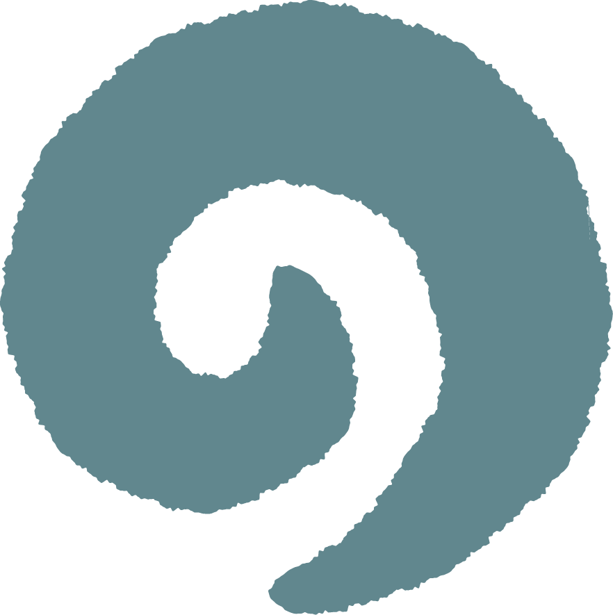 A stylized spiral logo in shades of blue and teal.
