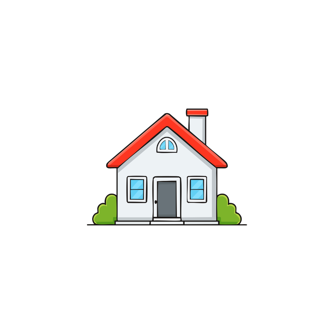 Simple cartoon illustration of a white house with a red roof, surrounded by green bushes, and a chimney on the right side.
