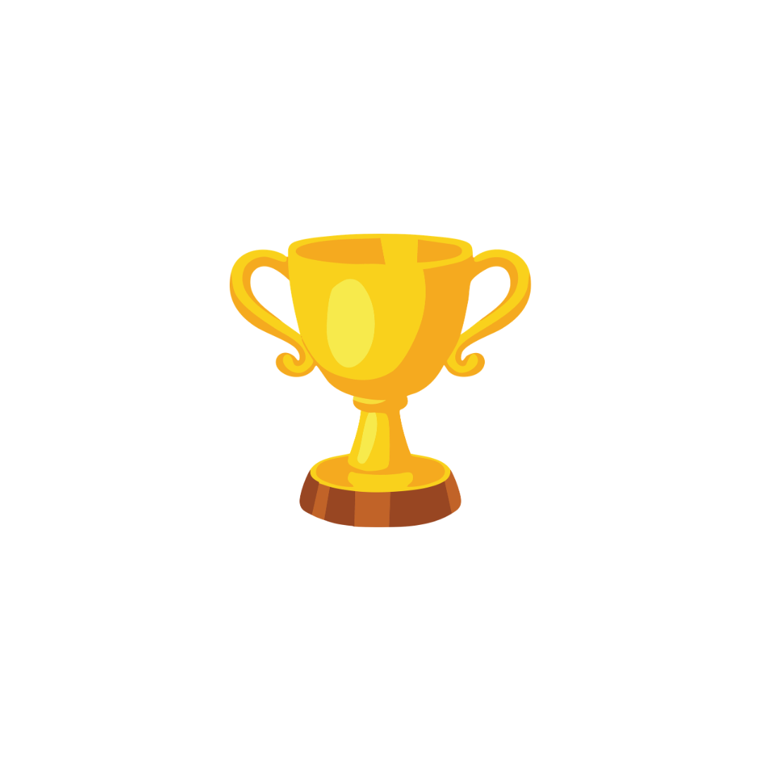 Gold trophy cup with handles on a wooden base.