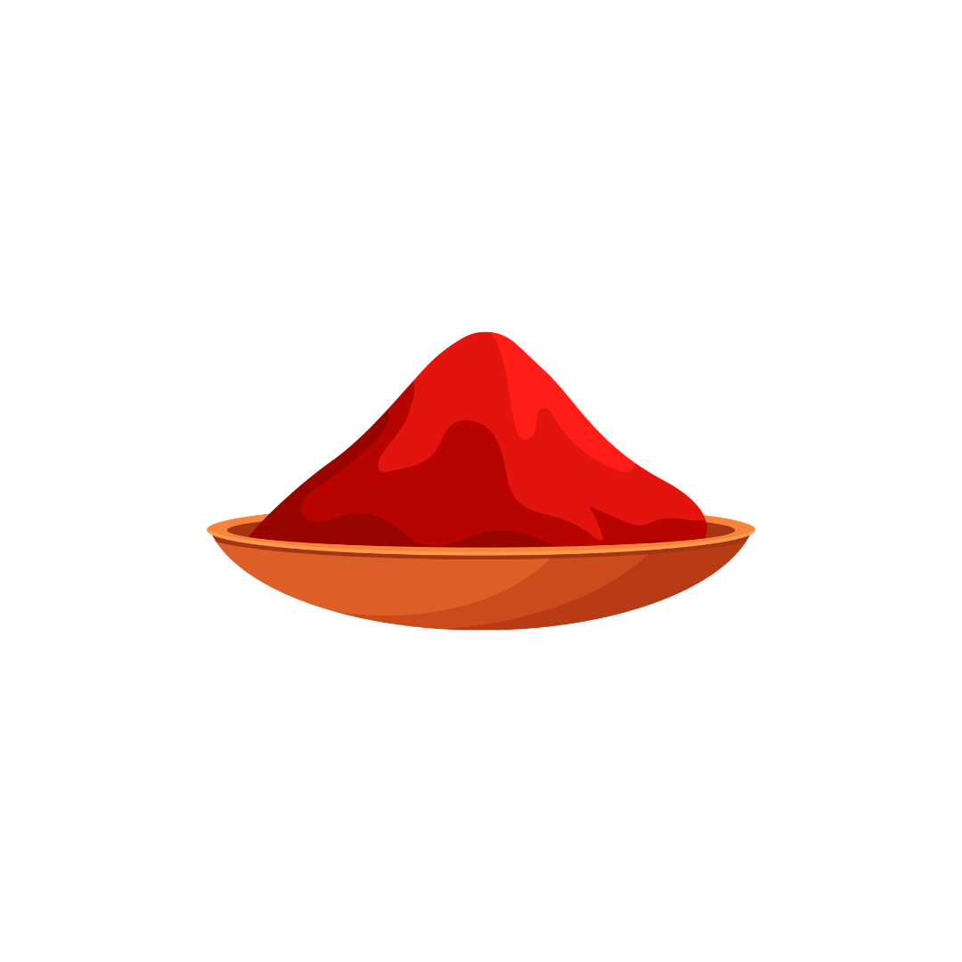Illustration of a wooden plate with a mound of red powder, likely chili powder or paprika.