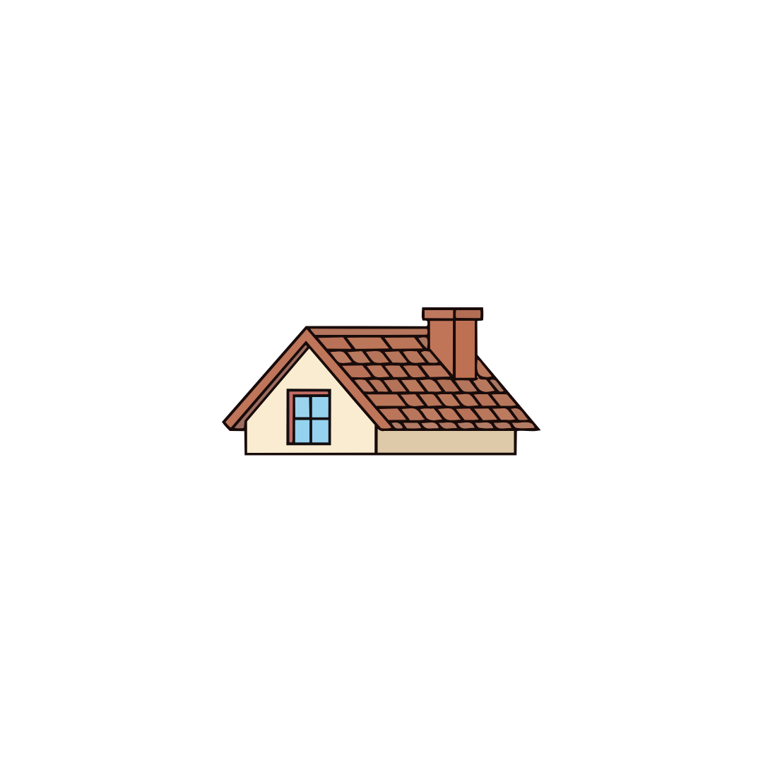 A house with a red tiled roof, a chimney, and a window.