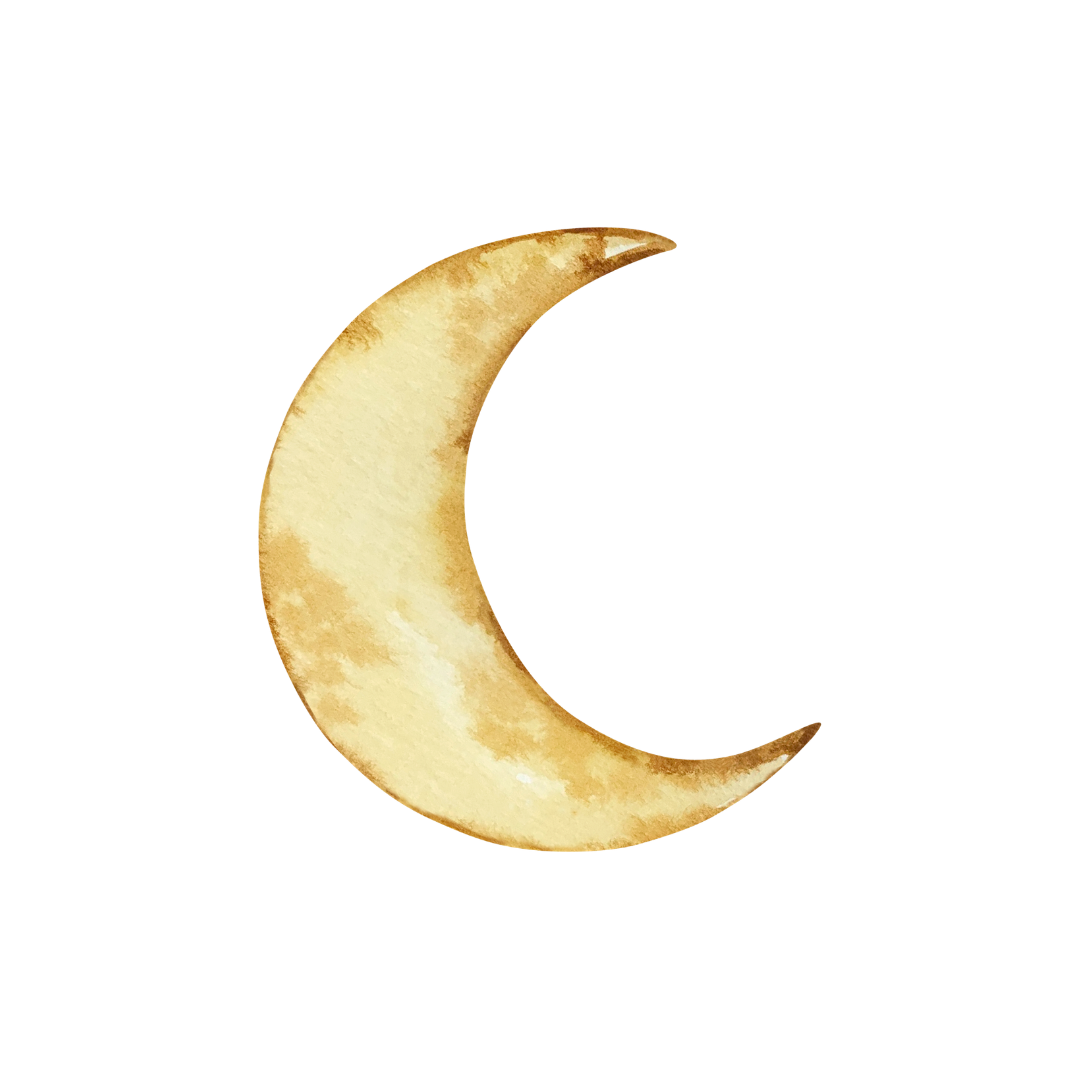 A crescent moon with a textured, yellowish surface, positioned in front of a partially obscured orange rectangle, on a black background.