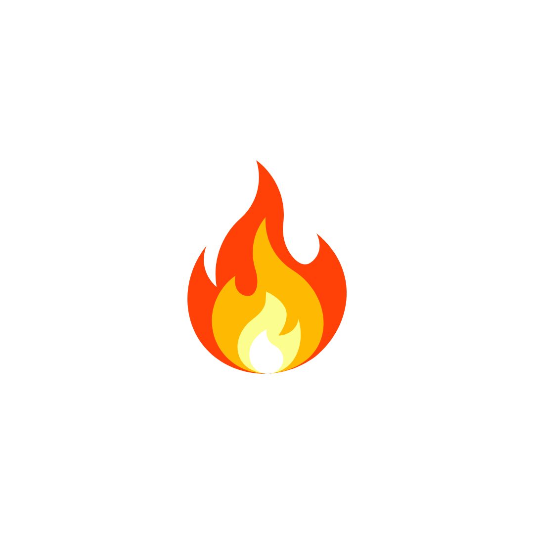 A graphic illustration of a flame with red, orange, yellow, and white colors.