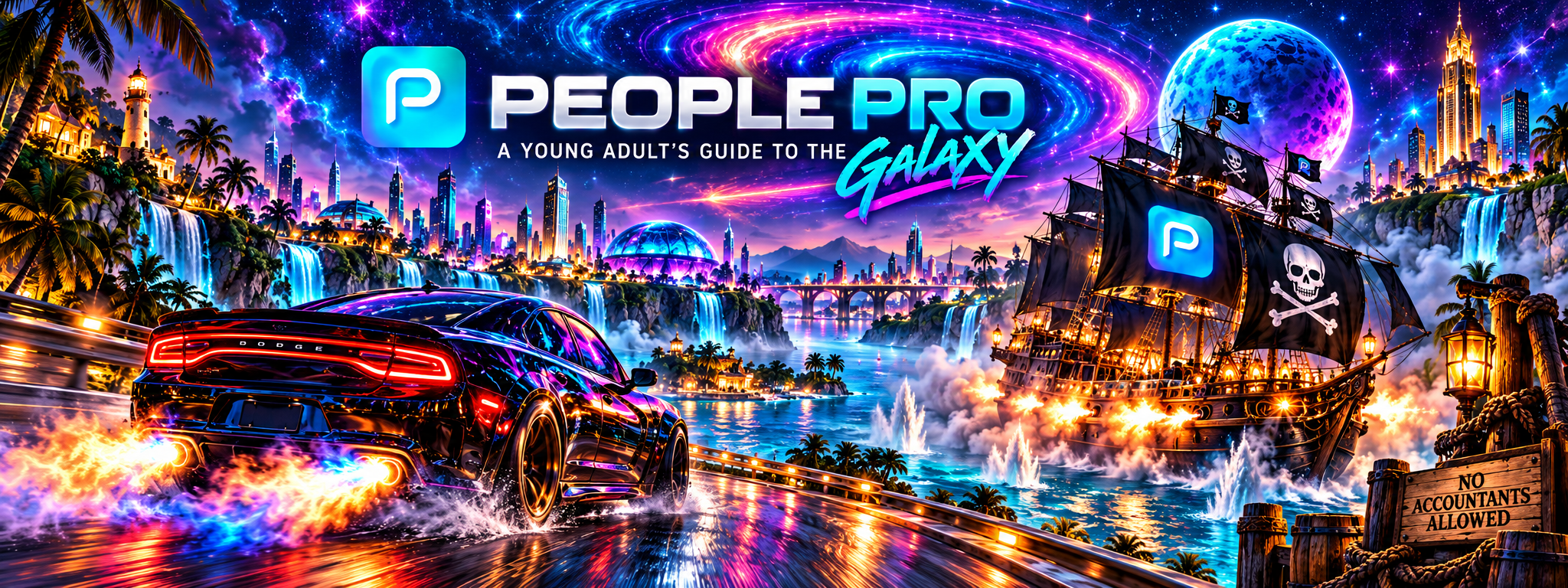 People Pro: A Young Adult’s Guide to the Galaxy — neon city, sports car and pirate ship beneath a cosmic sky.