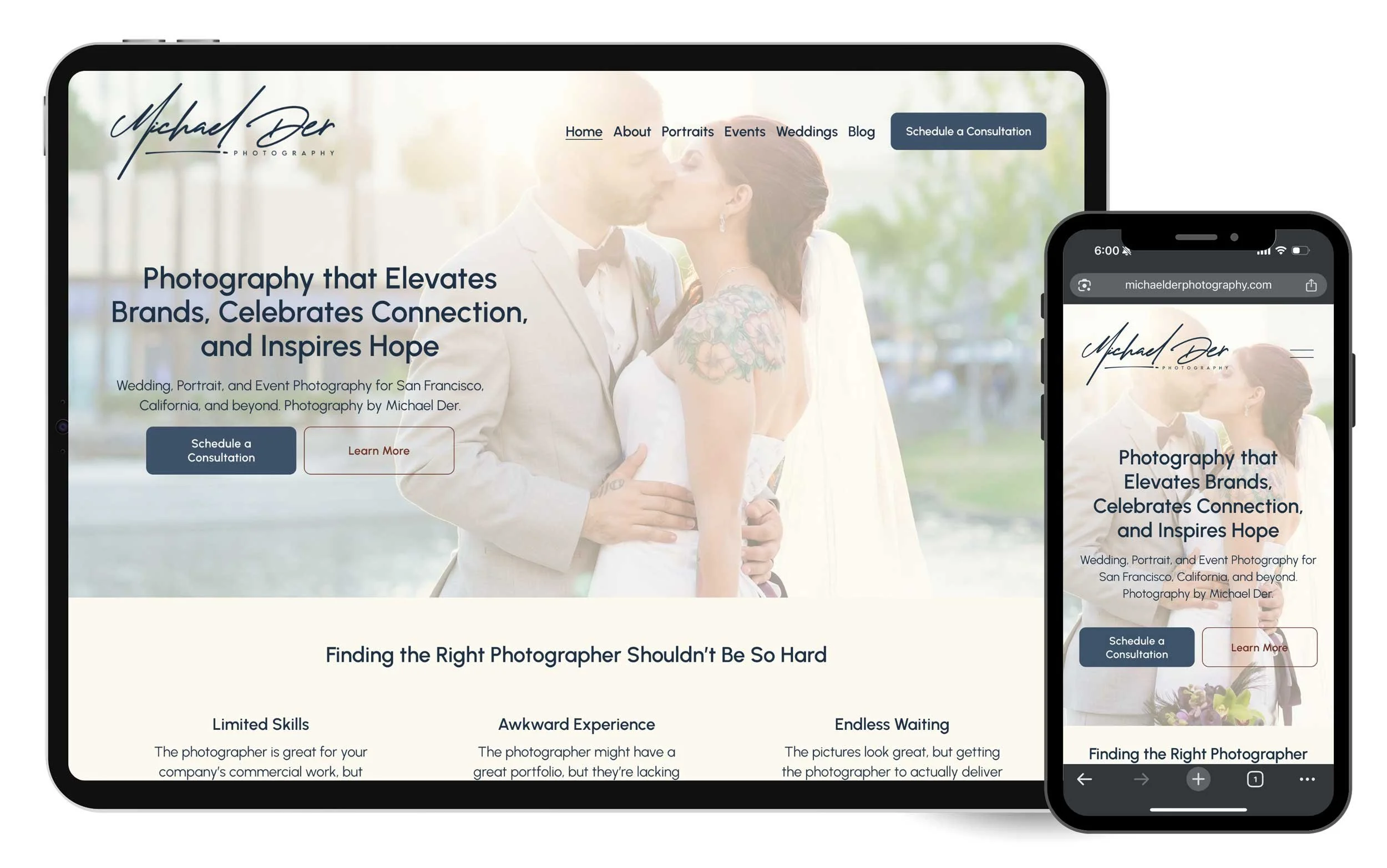 A website displayed on a tablet and smartphone showing a photographer's homepage featuring a couple kissing at their wedding, with text about wedding and event photography in San Francisco, California.