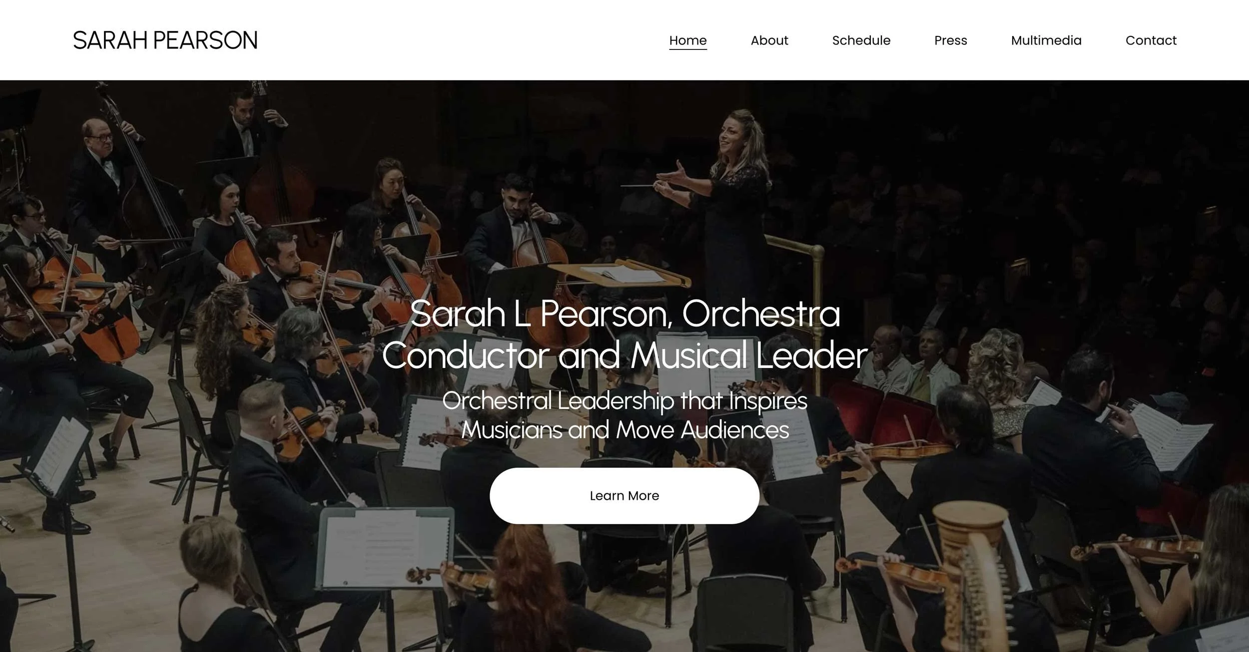 Website homepage header featuring a concert scene with musicians and a conductor, promoting Sarah L Pearson as an orchestra conductor and musical leader, with menu options for Home, About, Schedule, Press, Multimedia, and Contact.