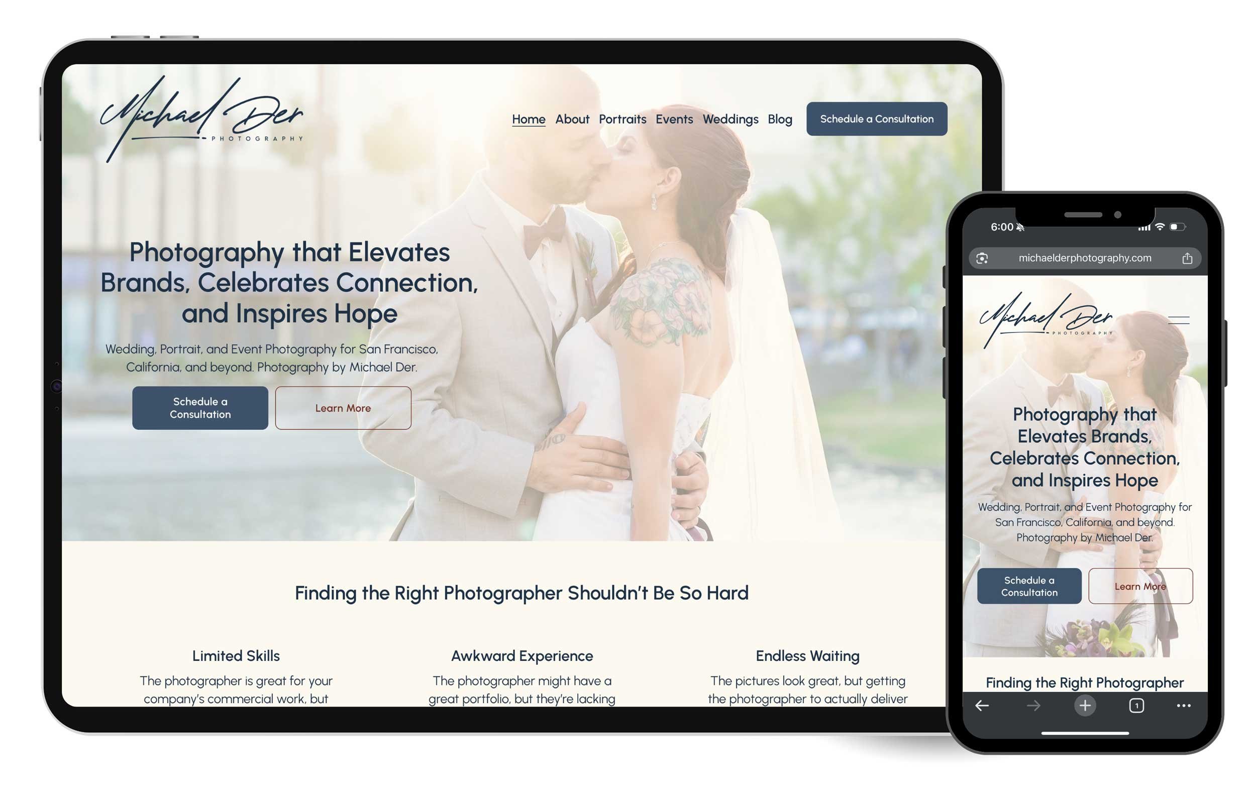 A website displayed on a tablet and smartphone showing a photographer's homepage featuring a couple kissing at their wedding, with text about wedding and event photography in San Francisco, California.