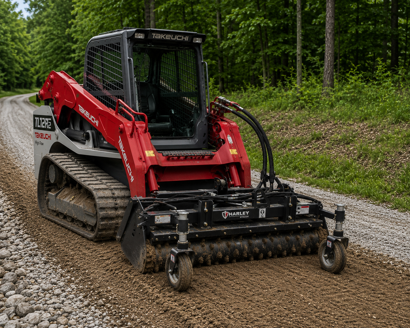 A compact track loader with a roller attachment working on a gravel path surrounded by green trees.
