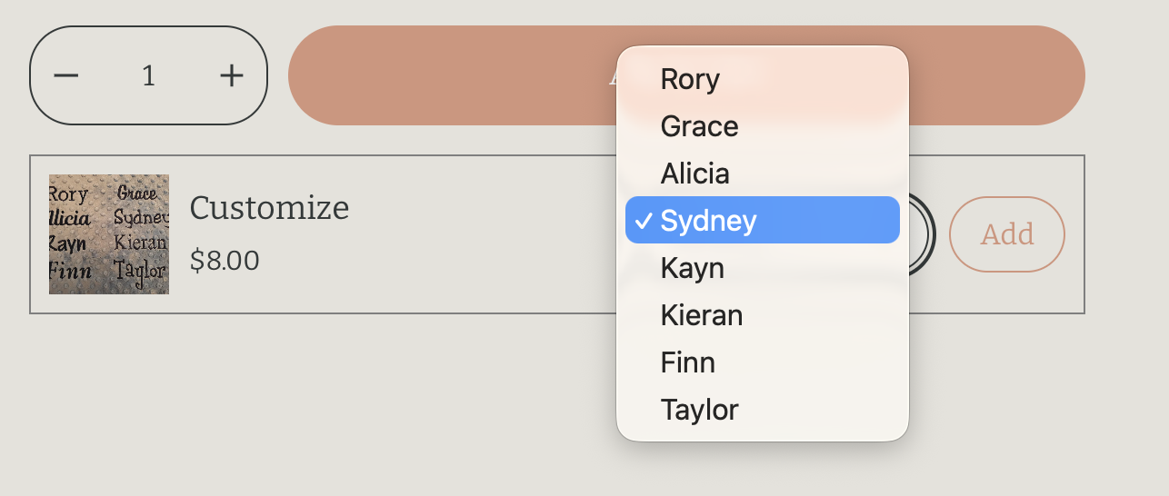 A dropdown menu with names, highlighting 'Sydney', on a user interface for customizing a product priced at $8.00.