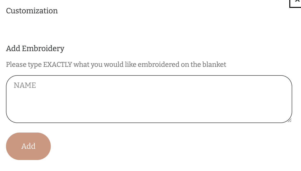 Screenshot of an online customization page for embroidery on a blanket, with a section to enter a name.