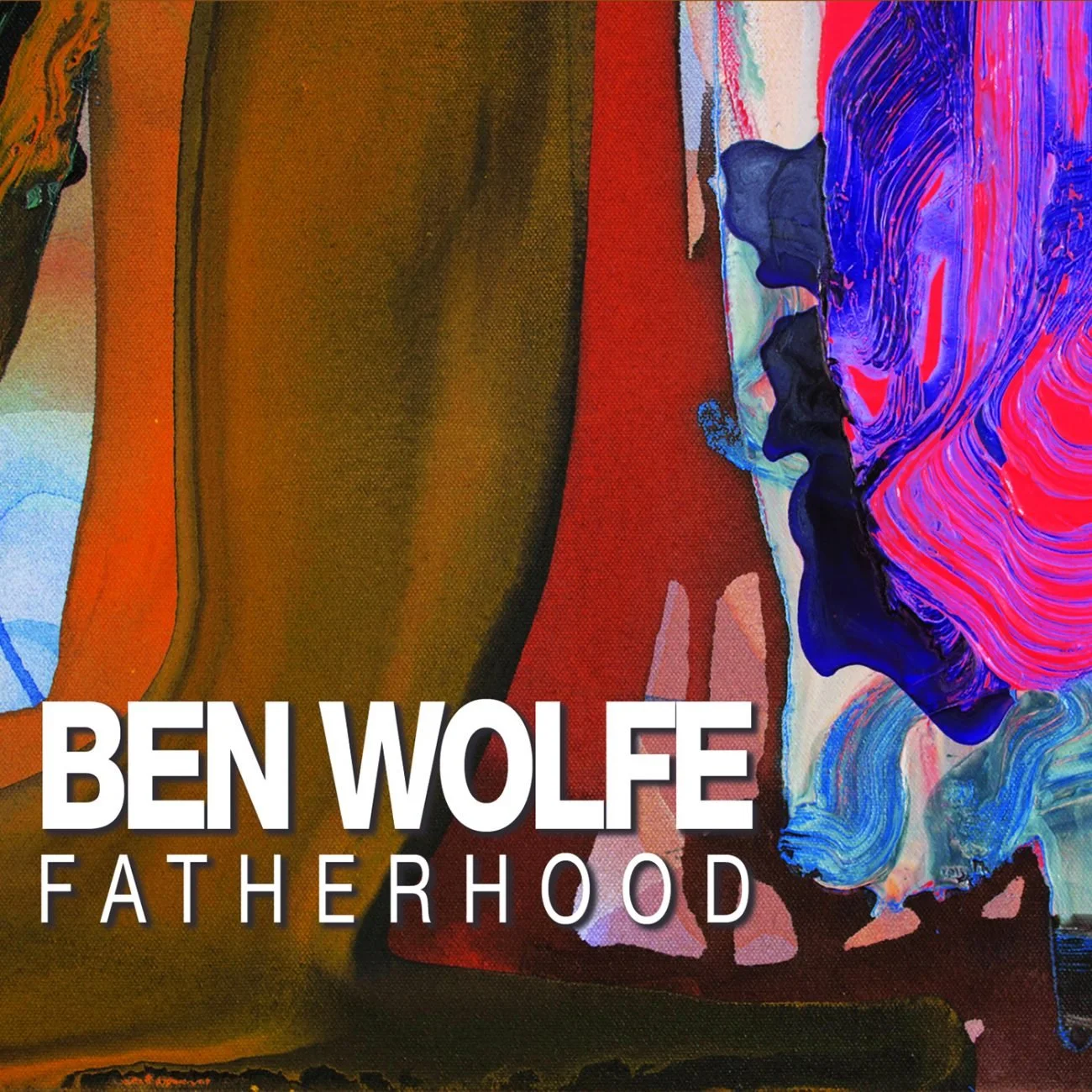 Abstract artwork with colorful swirls and a silhouette of a person's profile, with the text "Ben Wolfe Fatherhood"