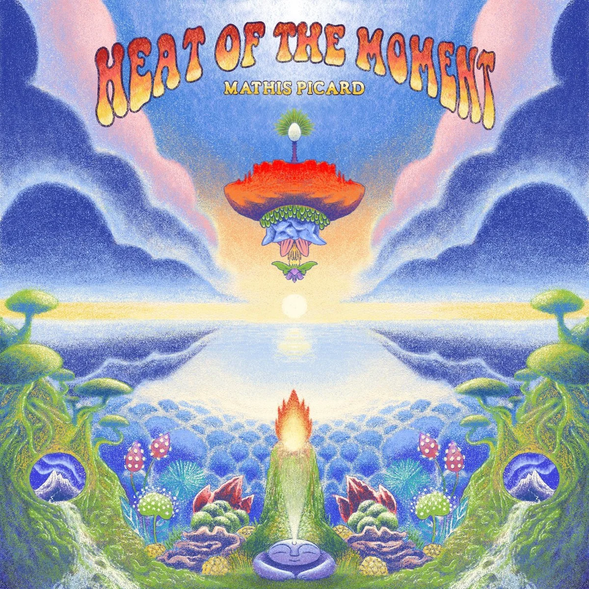 Colorful fantasy landscape with a large flower emitting a bright light at the center and a cloudy sky. Title "Heat of the Moment" by Mathis Picard at the top.