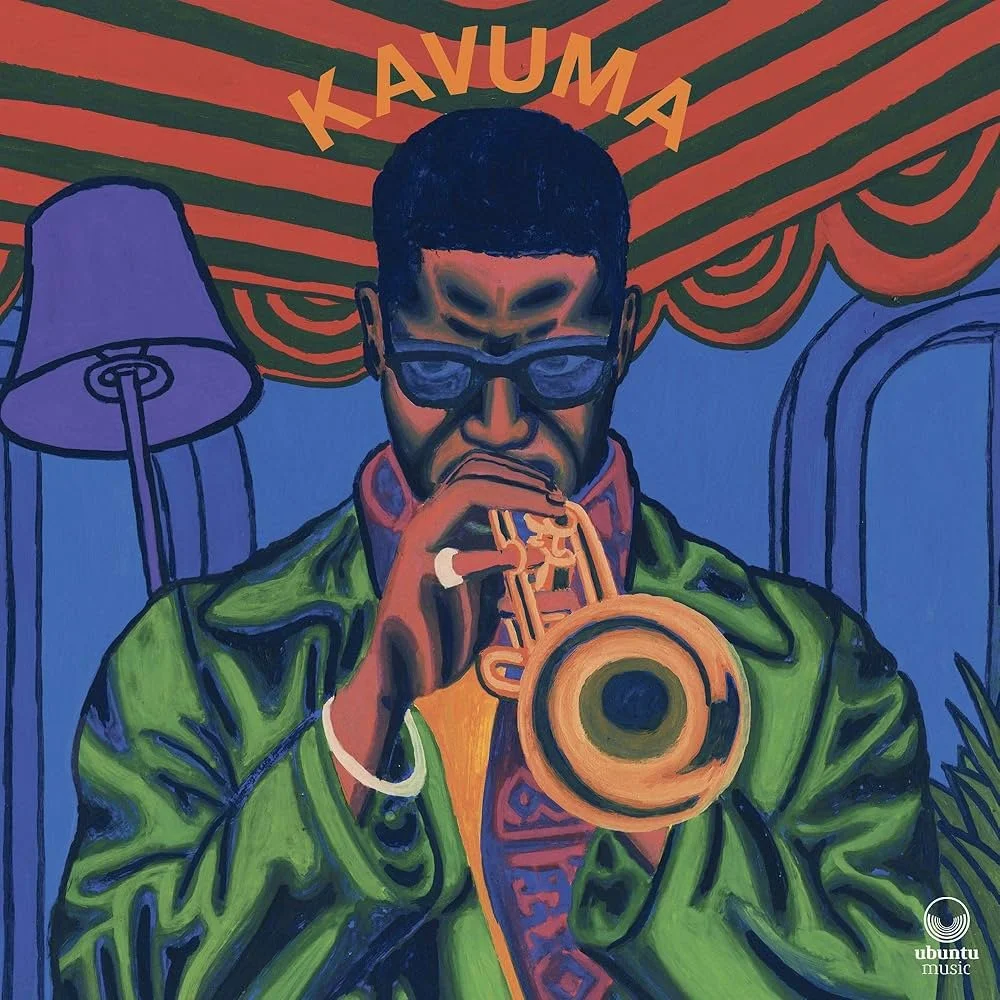 A colorful painting of a man playing a trumpet, wearing sunglasses and a green jacket, with a red and green striped background and the words 'K-AVUMA' at the top. There are two lamps in the background and a logo that says 'ubuntu music' at the bottom right.