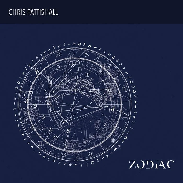 Album cover featuring a complex astrological chart with zodiac symbols, lines, and geometric shapes on a dark blue background. The artist's name, Chris Pattishall, is in the top left corner, and the album title, ZODIAC, is at the bottom right.