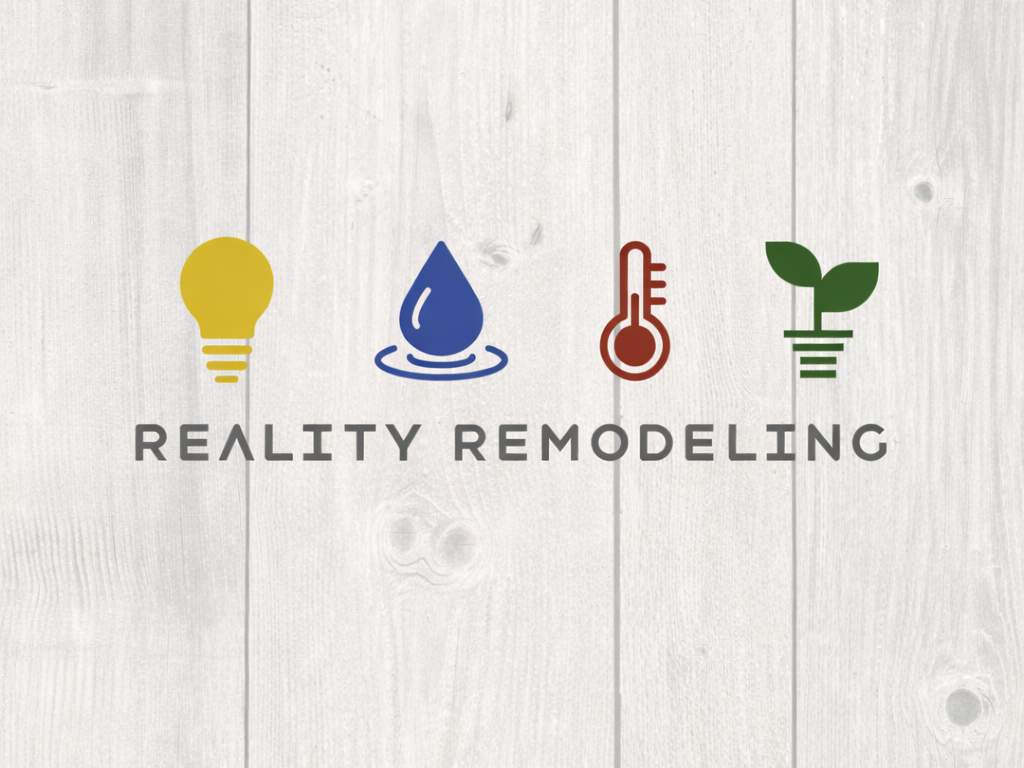 Icons of a light bulb, water drop, thermometer, and plant, with the text "Reality Remodeling" underneath.