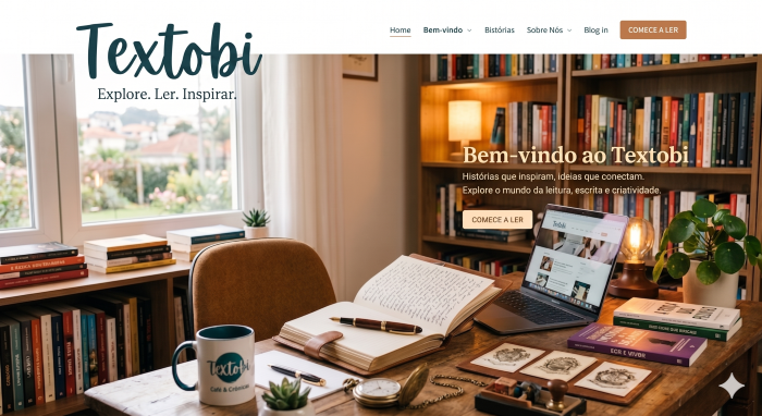 Uma mesa de madeira com um livro aberto, uma caneta, uma xícara de café com o logo 'Textobi', e uma planta pequena. No fundo, uma estante cheia de livros e uma janela com vista para uma área externa.