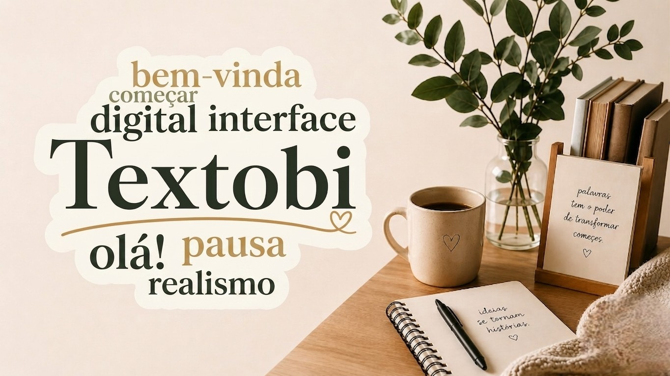 Imagem de uma mesa de madeira com uma caneca de café, um caderno aberto com uma caneta, uma planta verde em um vaso de vidro, uma moldura de quadro com frase, e uma organizadora com livros. Ao lado, uma mensagem escrita na parede com palavras como 'bem-vinda', 'começar', 'digital interface', 'Textobi',, 'olá!', 'pausa', e 'realismo' em diferentes tamanhos e cores.