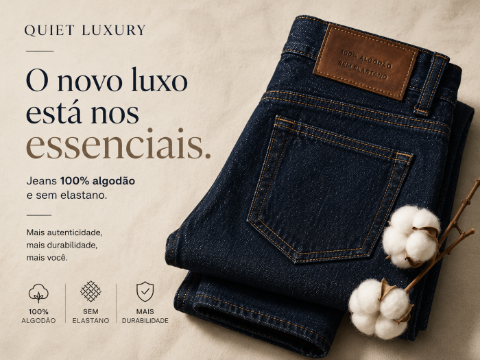 Calça jeans "Quiet Luxury": jeans escuro, 100% algodão e sem elastano.