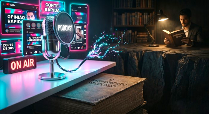 Contraste entre conteúdo rápido digital e leitura profunda tradicional
