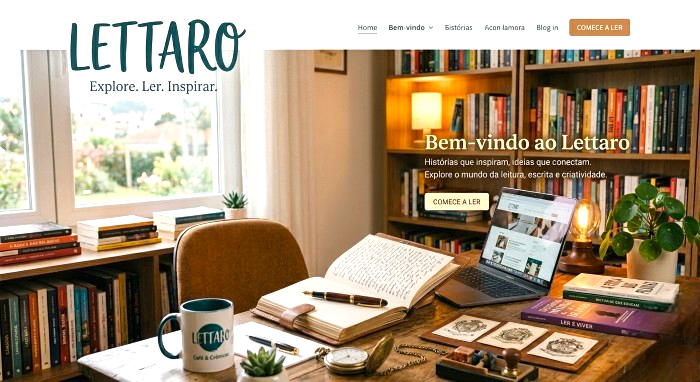 Imagem de uma sala de leitura com uma mesa de madeira, livros sobre a mesa, um laptop aberto, uma caneta, uma xícara com a palavra 'Lettaro', uma planta em vaso, uma luminária e uma estante cheia de livros ao fundo. Janela trazendo luz natural para a sala.