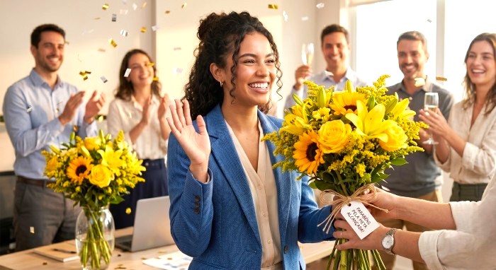 Mulher sorrindo ao receber flores em celebração no ambiente de trabalho