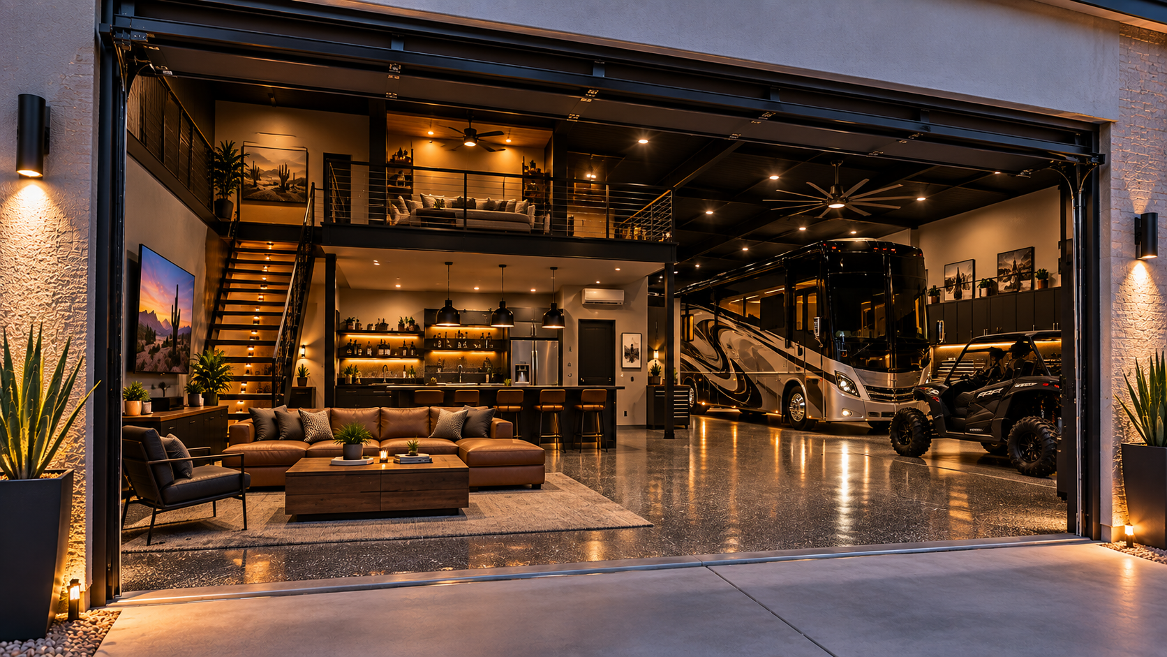 Luxury custom garage featuring motorhome storage, integrated living space, modern lighting, and high-end finishes