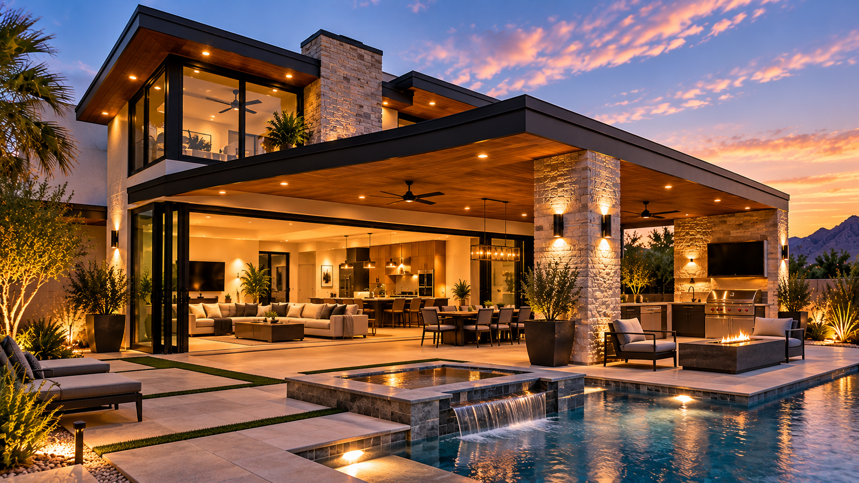 Luxury two-story home featuring large windows, covered outdoor living space, swimming pool, and modern residential design.