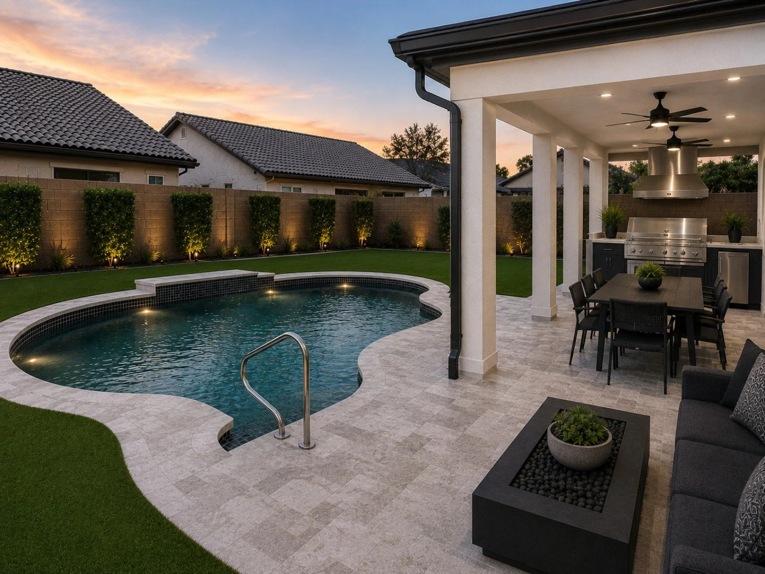 Arizona backyard renovation featuring a swimming pool, covered patio, outdoor living area, landscaping, and custom exterior improvements.