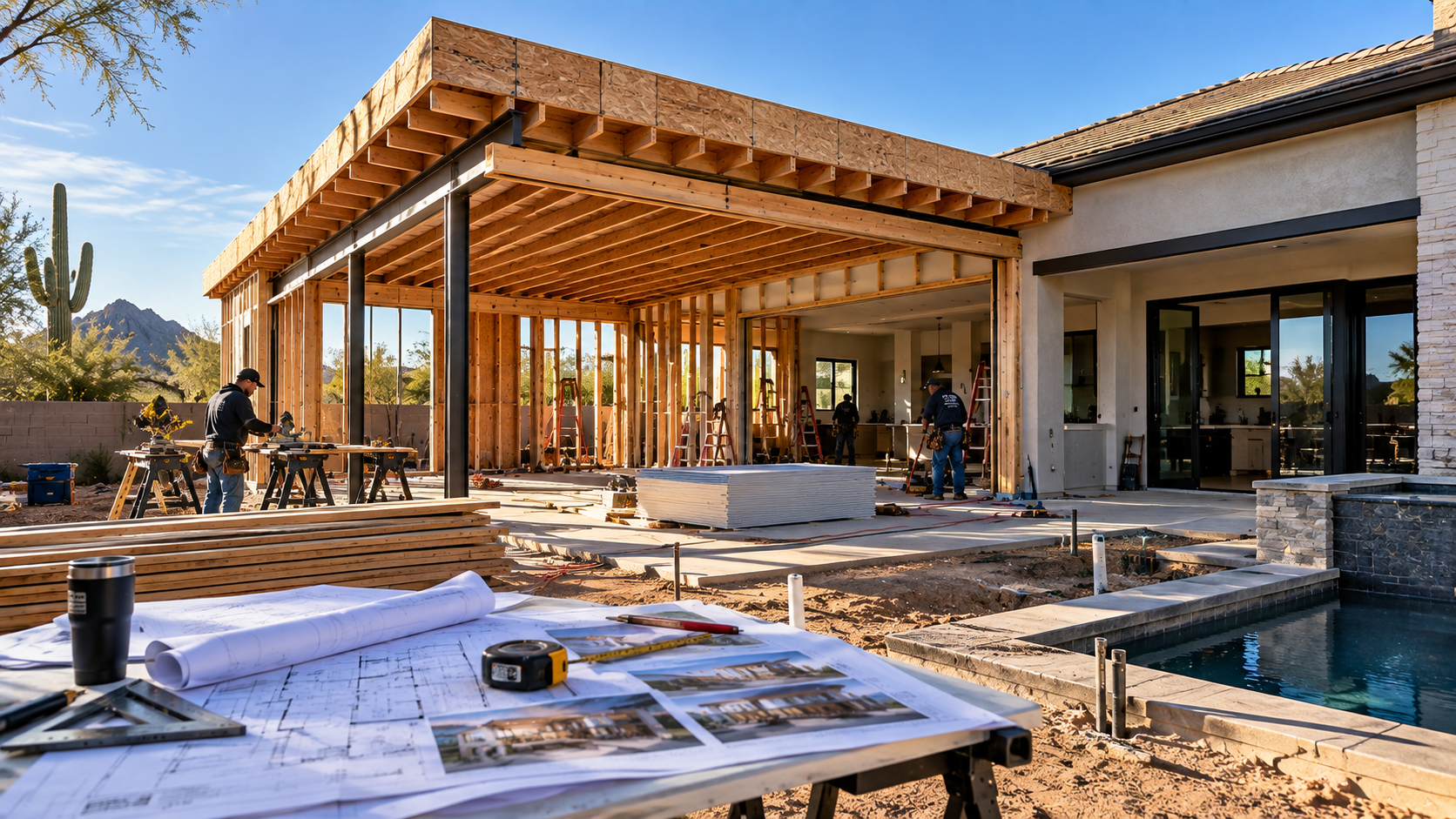 Residential construction project featuring a modern home, covered outdoor living space, swimming pool, and active construction work.