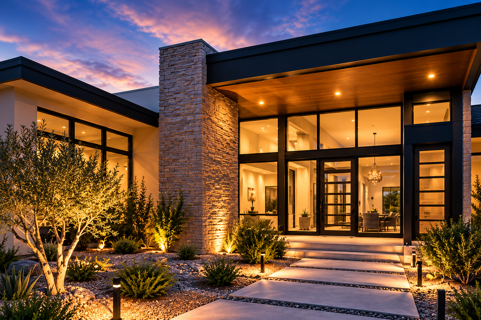 Custom home exterior featuring modern architecture, stone accents, exterior lighting, and professional landscaping.