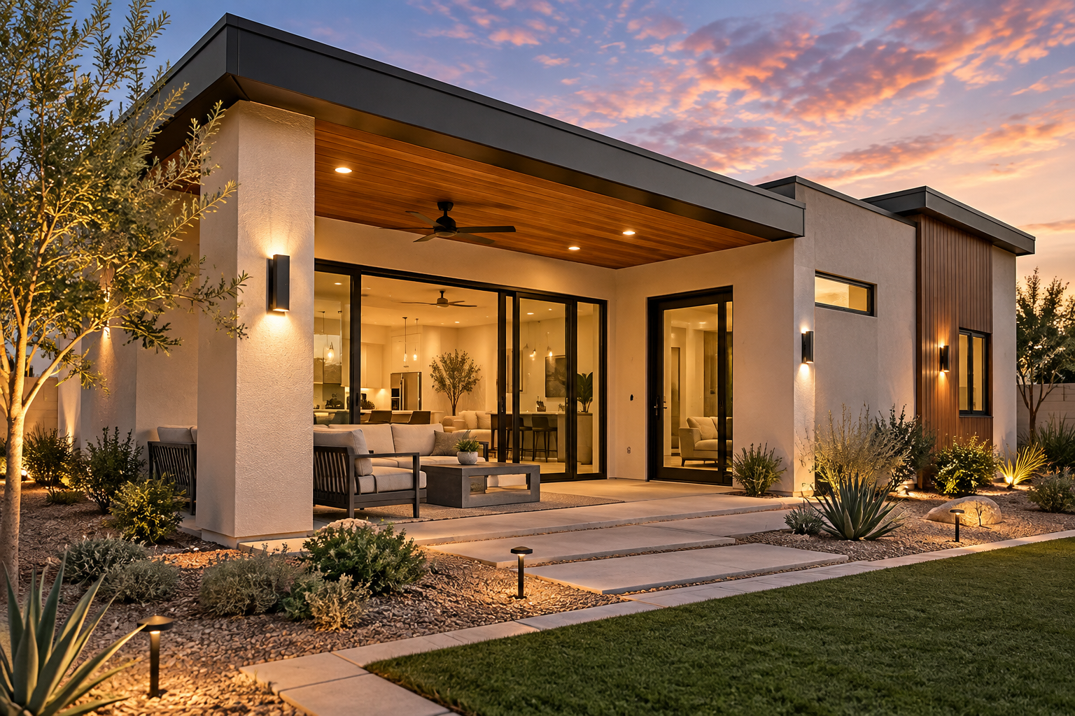 Modern residential construction featuring a covered patio, outdoor living space, and professionally landscaped yard
