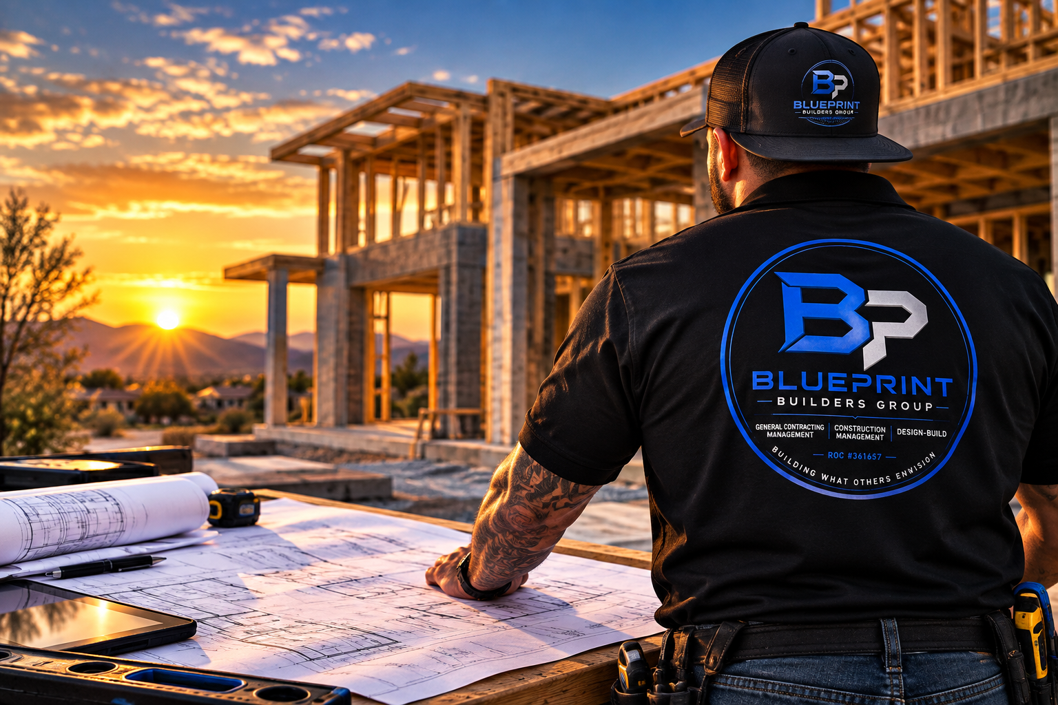 Blueprint Builders Group construction professional reviewing blueprints and project plans at a residential construction site.