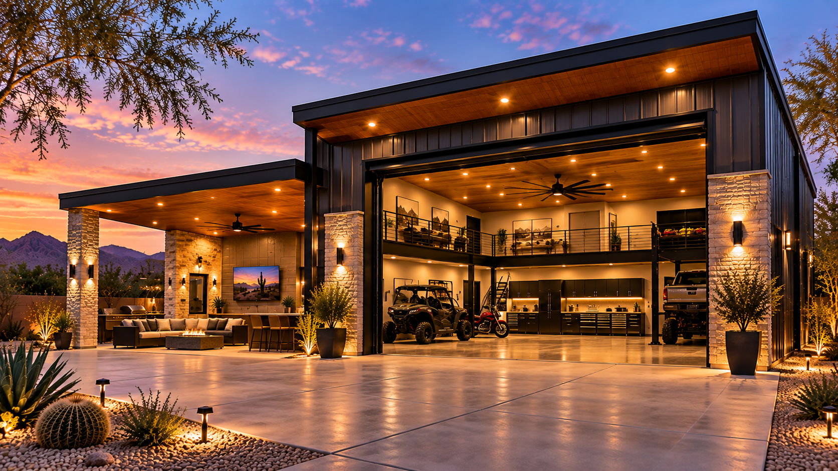 Modern custom home featuring an oversized garage, covered outdoor living area, and desert landscaping.