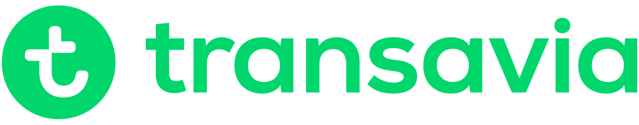 Logo van Transavia met groene tekst en een groene cirkel met een wit 't' erin.