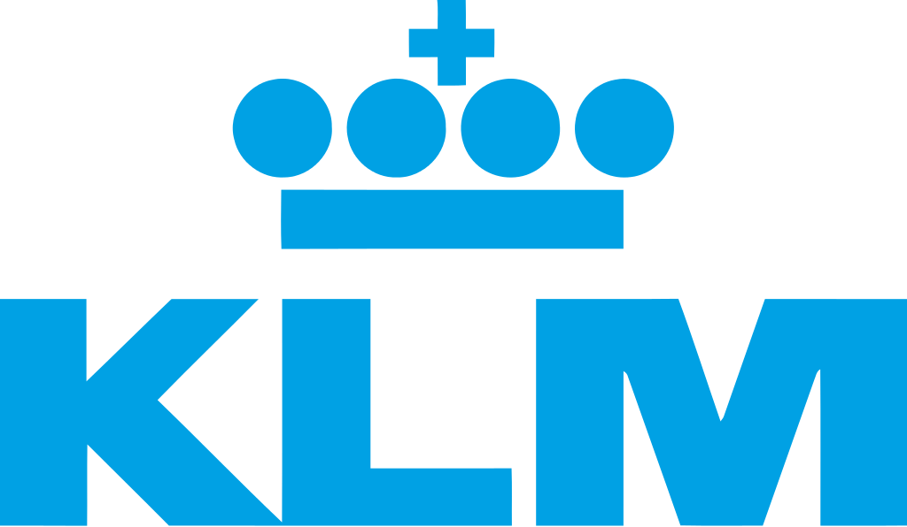 Logo van KLM met blauwe tekst en een gestileerd vliegtuig boven de tekst.