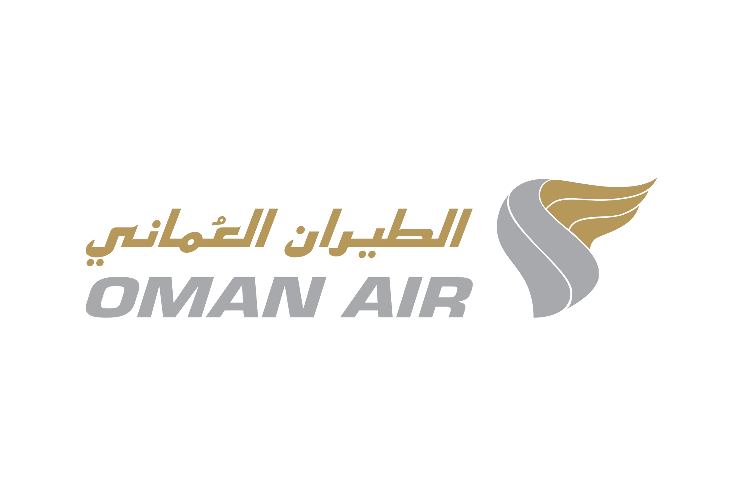 Logo van Oman Air met een vleugel en tekst in het Arabisch en Engels.