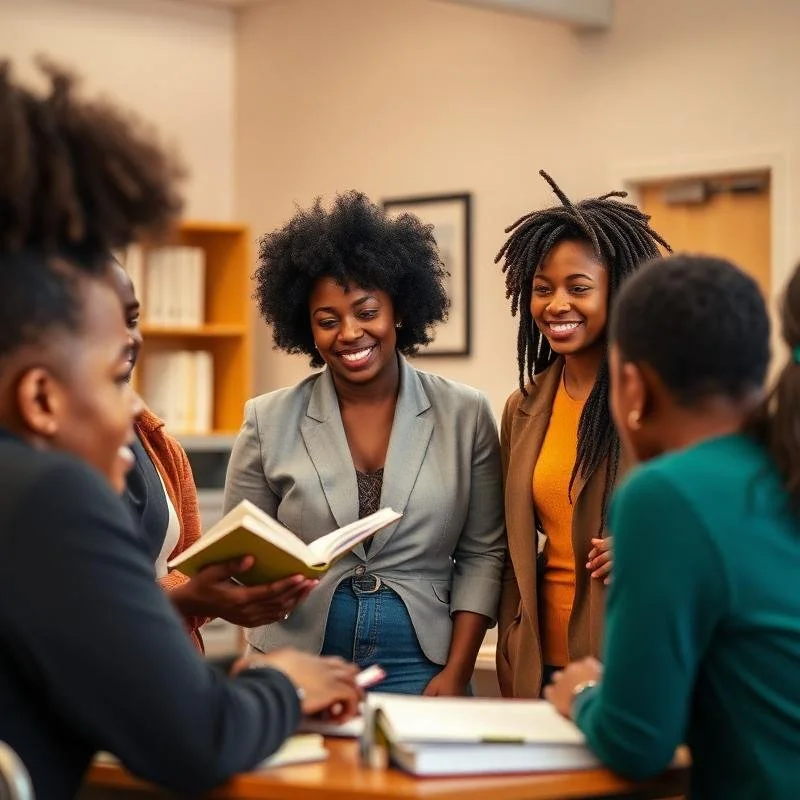 A group of six women gathered around a table in a library or bookstore, engaging in a lively discussion. Two women are standing and smiling, while the others are sitting and looking at their notes or books.