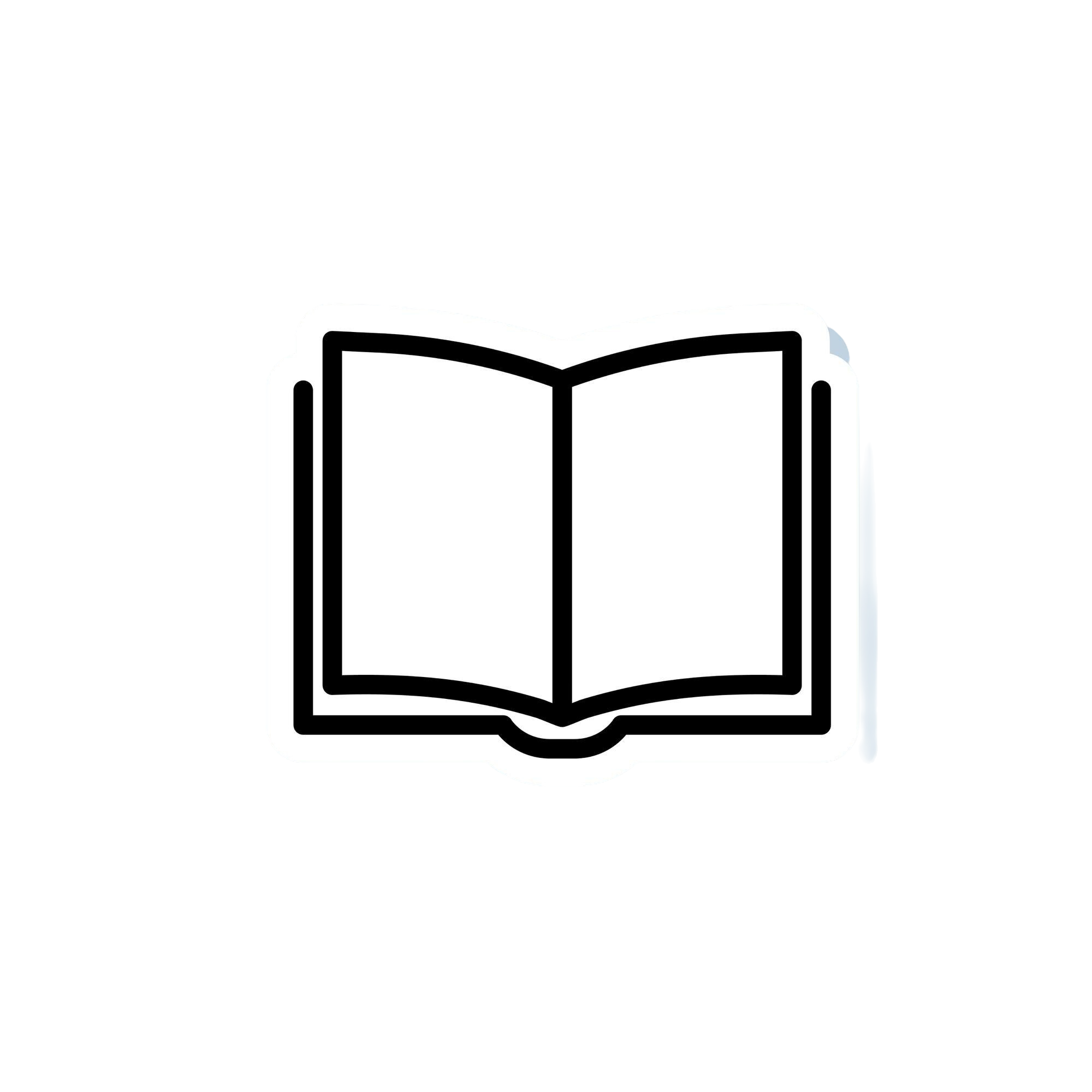Open book icon with white pages and black outline on a black background.