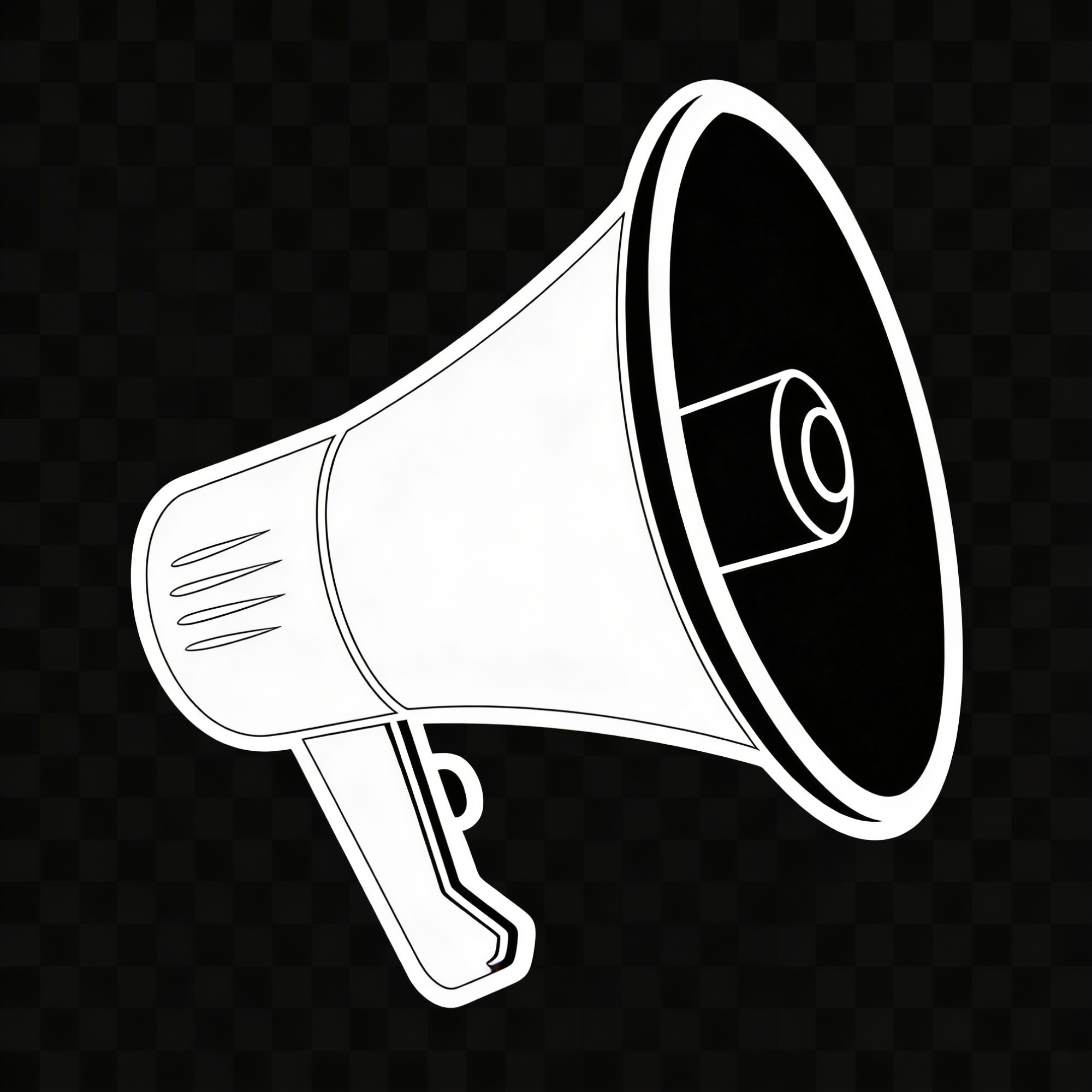 Black and white outline of a megaphone on a dark checkered background.