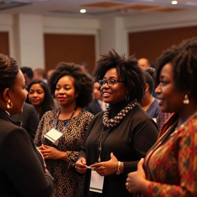 Group of women in conversation at a professional event, smiling and wearing name badges.