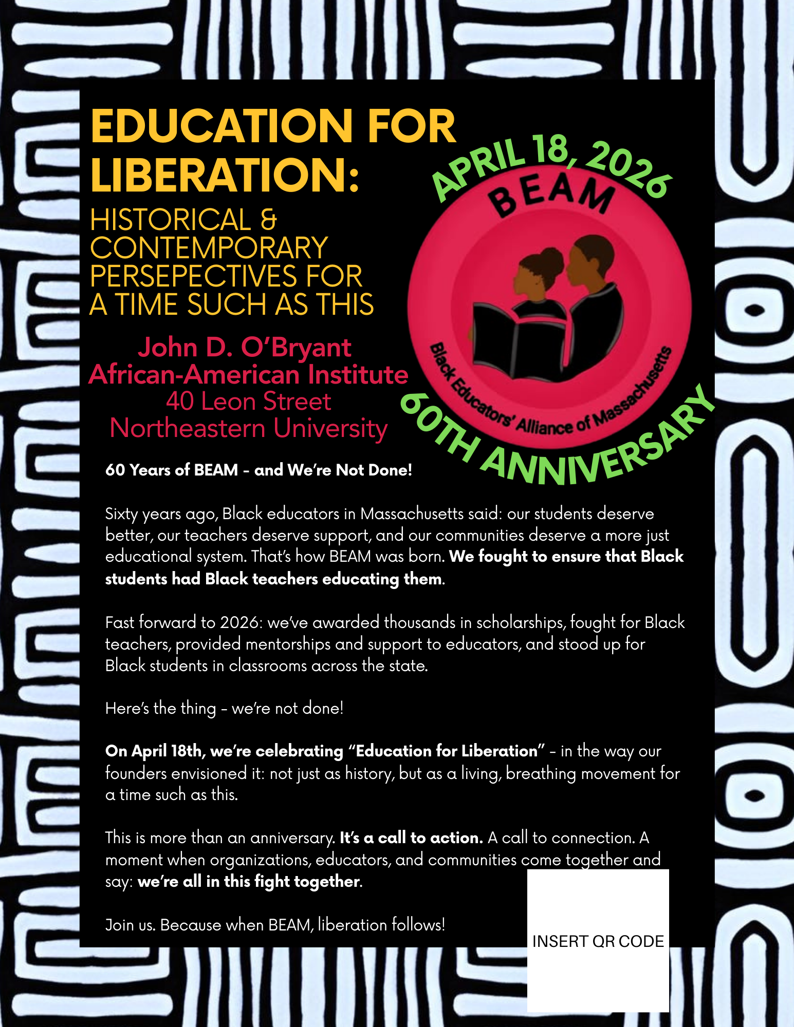 Event poster celebrating the 60th anniversary of Black Educators' Alliance of Massachusetts (BEAM) on April 18, 2026, highlighting history, contemporary perspectives, and the importance of Black teachers and students.