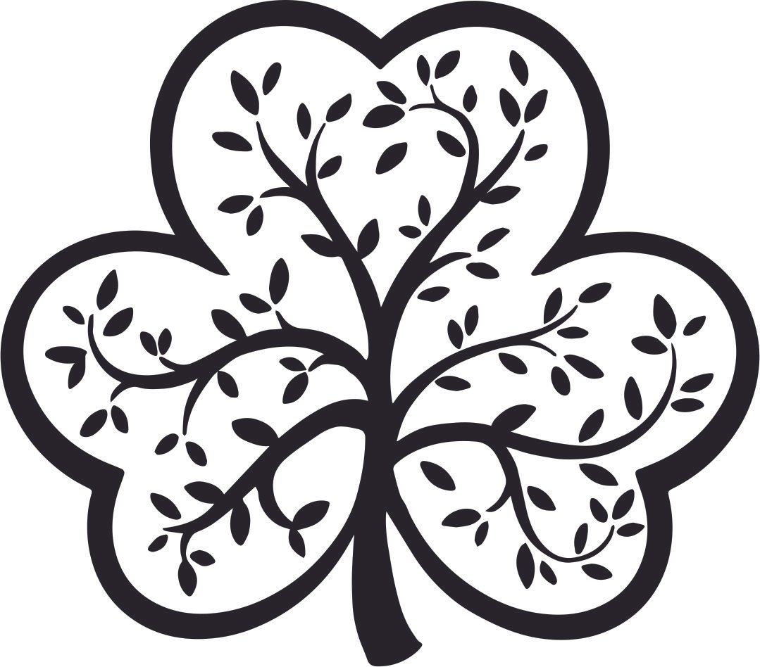 Black outline drawing of a four-leaf clover with intricate vine and leaf details inside each leaf