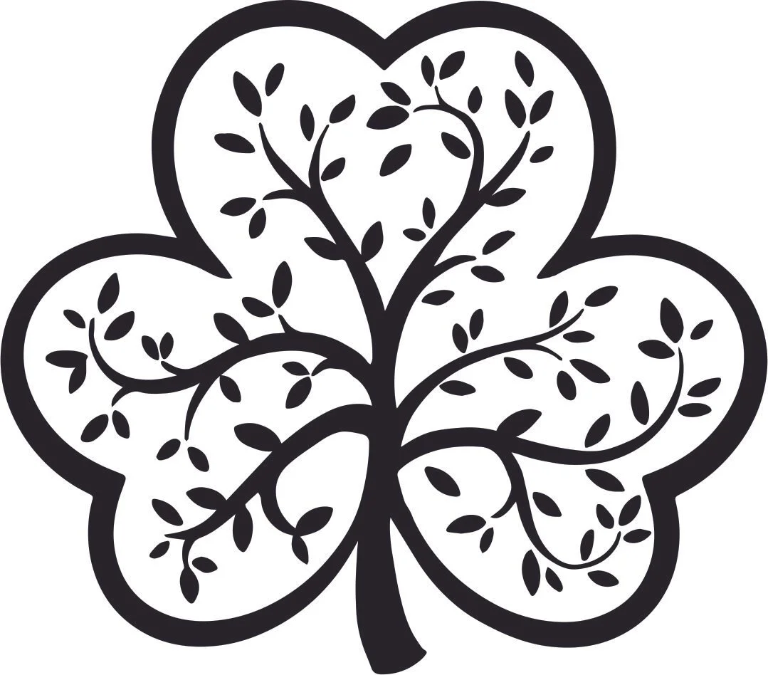 Black silhouette of a four-leaf clover with intricate vine and leaf patterns inside each leaf.