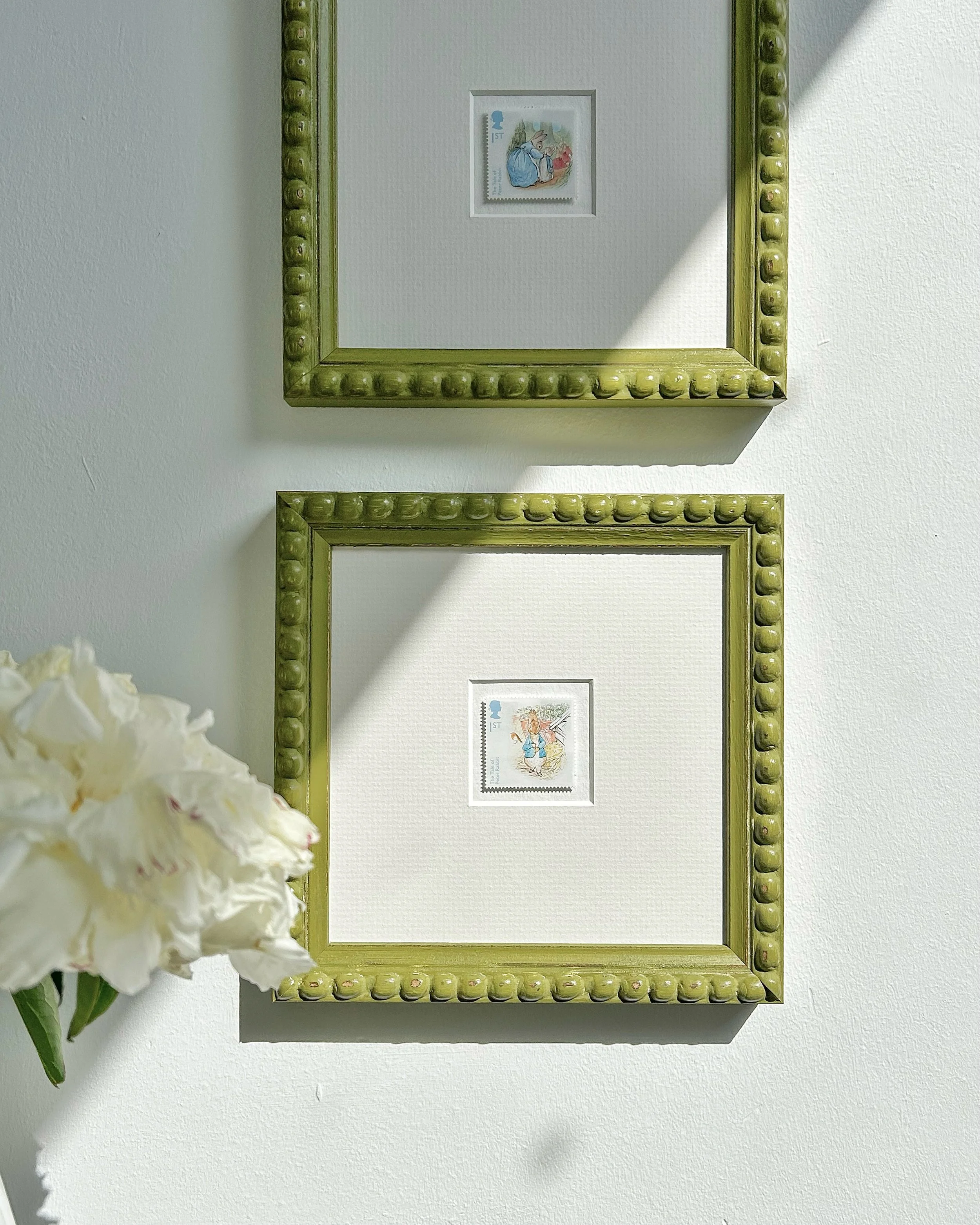 Scenes from The Tale of Peter Rabbit by Beatrix Potter, each in a handmade beaded green frame.

A couple of these are still available and perfect for a nursery in progress, or as a gift for a new arrival.

#wallart #homedecor #giftideas #peterrabbit 